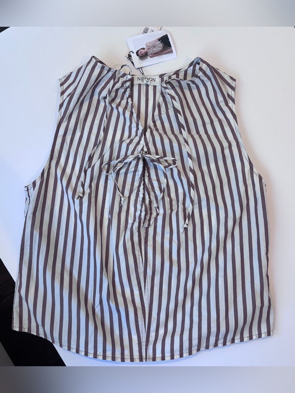 Nation LTD Vertical Stripe Tie-Front Sleeveless Top in White and Brown